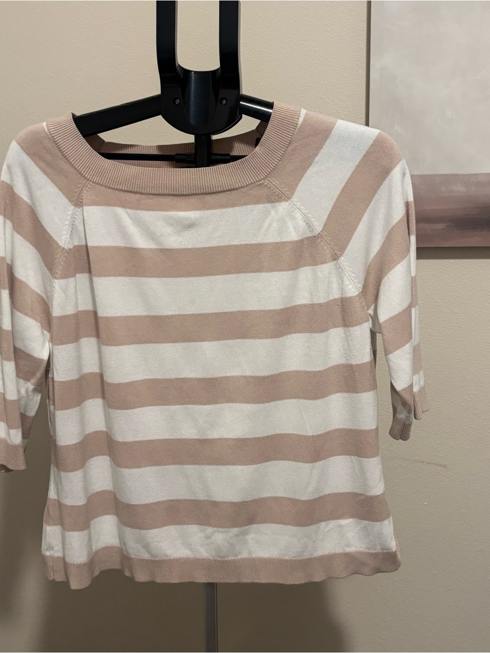Adrianna Papell Striped Boatneck Knit Sweater Beige White 3/4 Raglan Sleeve Lg